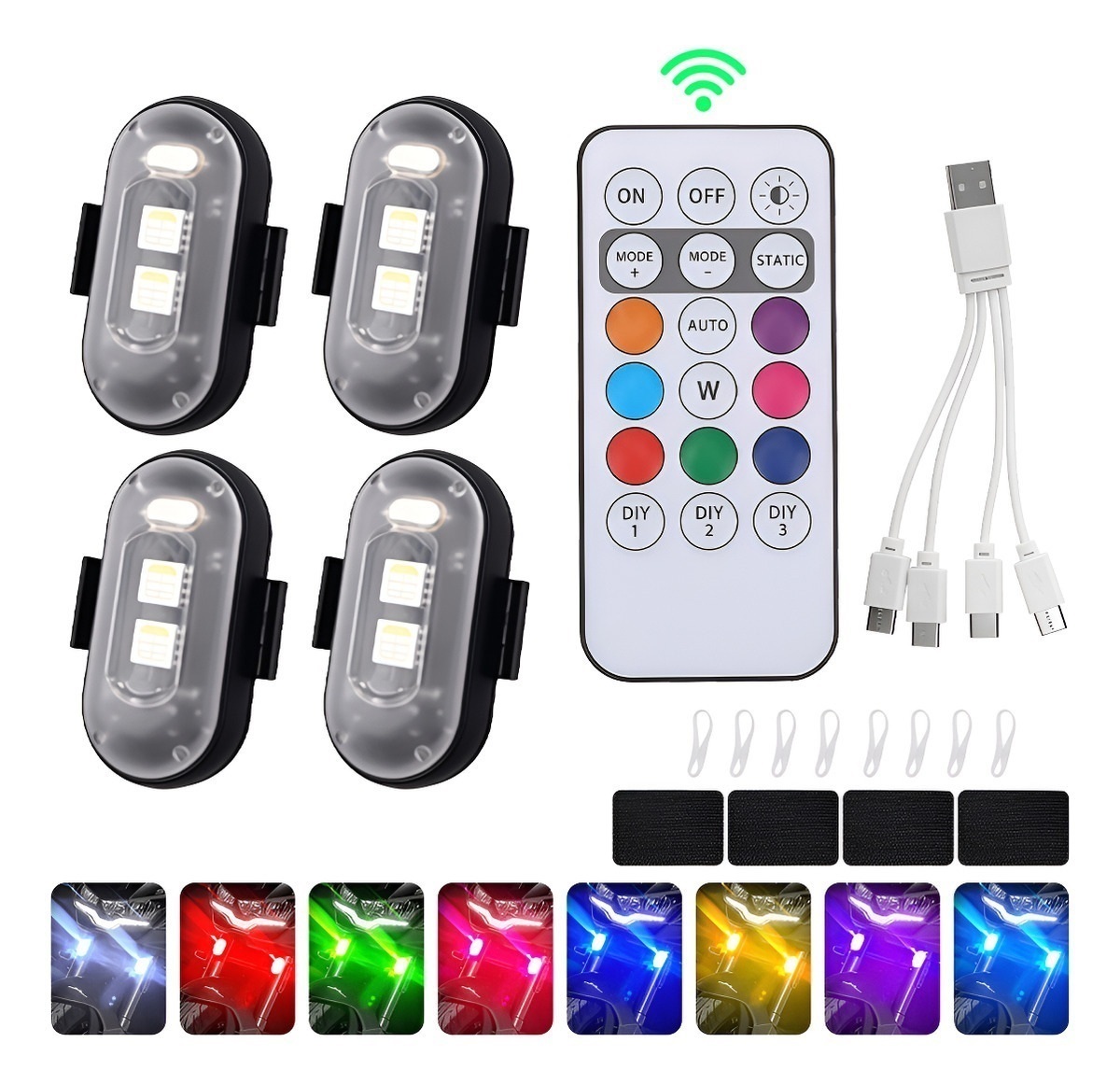 Drone Led Light - 4個入りLEDストロボライト、リモコン付き、8色、ワイヤレス、衝突防止ストロボフラッシュライト、車、バイク、ドローン用 ﻿ ﻿