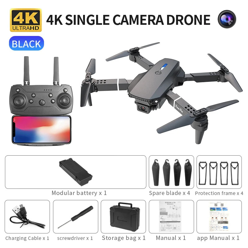 Drone Camera - E88 Proインテリジェント折りたたみドローンは、シングル/デュアルカメラ切り替え、4K画質+広角撮影、WiFiダイレクトリアルタイムをサポートしています。